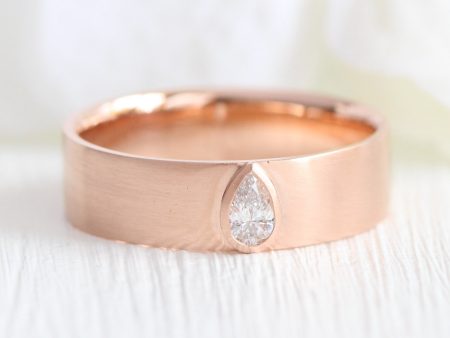 Bezel Set Pear Diamond Ring in Solid Gold Wide Wedding Band Online Sale