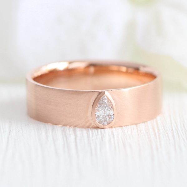 Bezel Set Pear Diamond Ring in Solid Gold Wide Wedding Band Online Sale