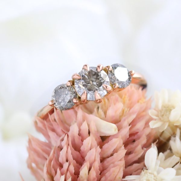 1.20 Ct Salt and Pepper Diamond Ring in 14k Rose Gold 3 Stone Ring, Size 6 Online Hot Sale