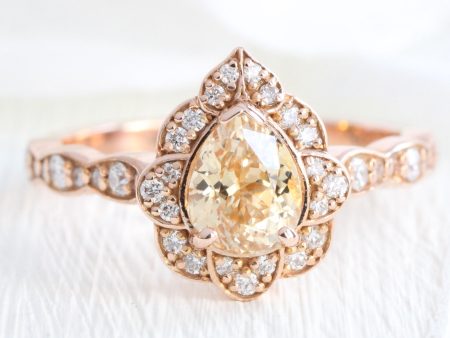 1.7 Ct Peach Yellow Sapphire Ring in 14k Rose Gold Vintage Floral Diamond, Size 6.25 For Cheap