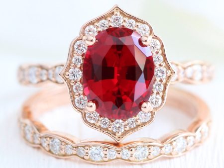 Large Vintage Floral Oval Ruby Ring Set w  Scalloped Diamond Wedding Band Sale