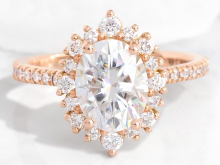 Large Oval Moissanite Ring in 14k Rose Gold Tiara Halo Pave Diamond, Size 6.25 on Sale