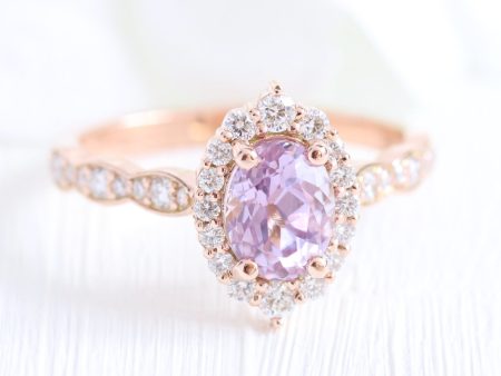 1.97 Ct Oval Lavender Purple Sapphire Ring in 14k Rose Gold Tiara Halo Diamond, Size 6.75 Online