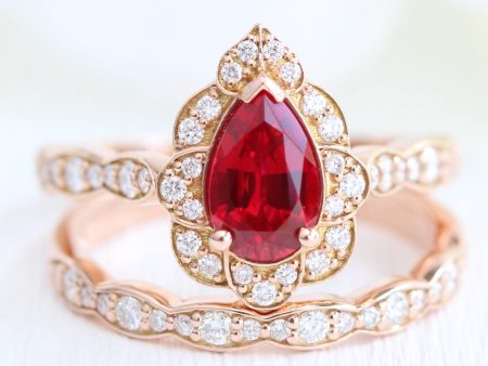 Vintage Floral Pear Ruby Ring Set w  Matching Scalloped Diamond Wedding Band For Cheap