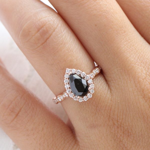 Pear Black Diamond Engagement Ring in Luna Halo Scalloped Diamond Band For Sale