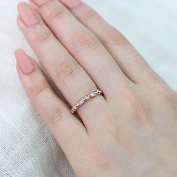 Bezel Diamond Wedding Ring in Scalloped Half Eternity Band Online Sale