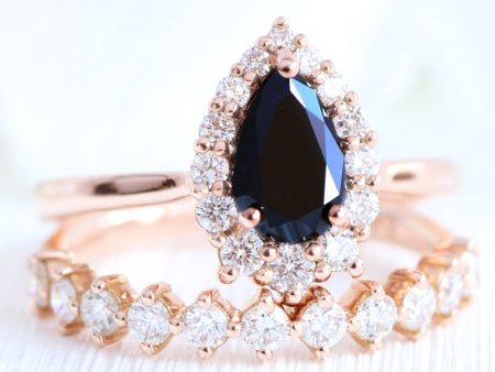 Tiara Halo Pear Black Diamond Ring Set w  4 Prong Half Eternity Diamond Band Online Hot Sale