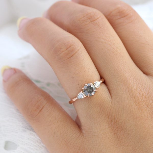 1.16 Ct Salt and Pepper Diamond Ring in 14k Rose Gold 3 Stone Pear Ring, Size 6.25 Online