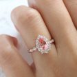 Large Pear Peach Sapphire Ring in 14k Rose Gold Tiara Halo Diamond Band, Size 6.25 on Sale