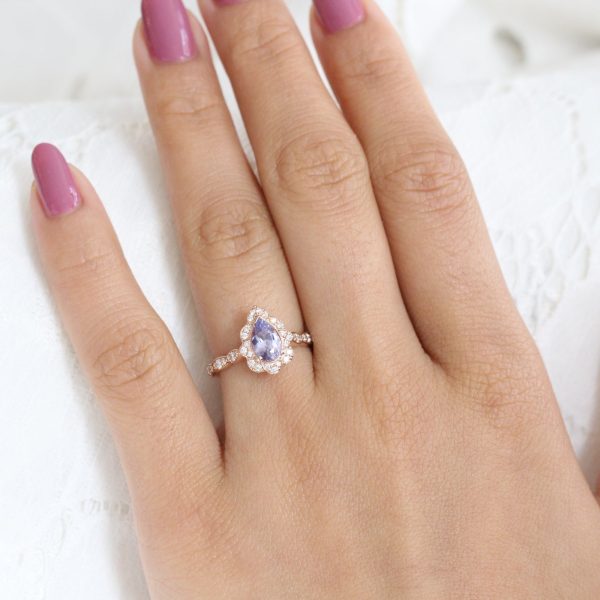 1.32 Ct Pear Cut Lavender Sapphire Ring in 14k Rose Gold Vintage Floral Diamond, Size 6 Online