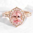 Large Oval Peach Sapphire Ring in 14k Rose Gold Vintage Halo Diamond Size 6.25 For Discount