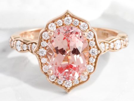 Large Oval Peach Sapphire Ring in 14k Rose Gold Vintage Halo Diamond Size 6.25 For Discount