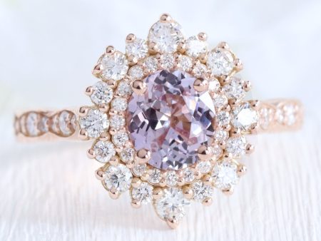 1.7 Ct Oval Lavender Sapphire Ring in 14k Rose Gold Double Halo Diamond, Size 6.5 Online now