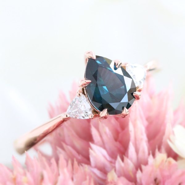 1.27 Ct Pear Teal Green Sapphire Ring in 14k Rose Gold 3 Stone Ring, Size 6.25 Hot on Sale