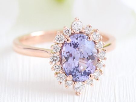 2.55 Ct Large Lavender Purple Sapphire Ring in 14k Rose Gold Tiara Halo Diamond, Size 6.5 Hot on Sale