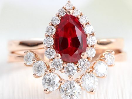 Tiara Halo Pear Ruby Ring Bridal Set w  Large 7 Diamond U Shaped Wedding Band Discount