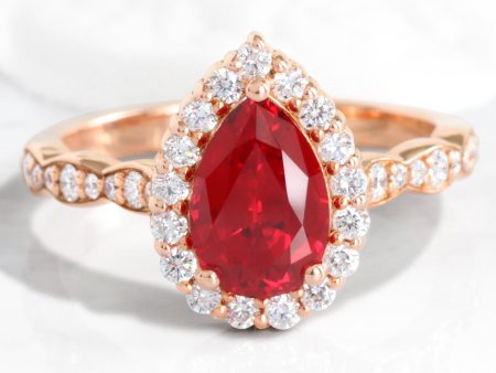 Pear Ruby Engagement Ring in Luna Halo Diamond Scalloped Band Sale