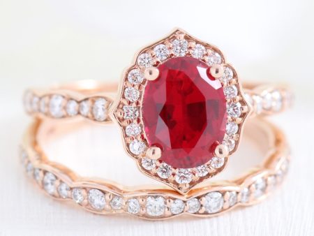 Vintage Floral Bridal Ring Set w  Oval Ruby and Scalloped Diamond Band Supply