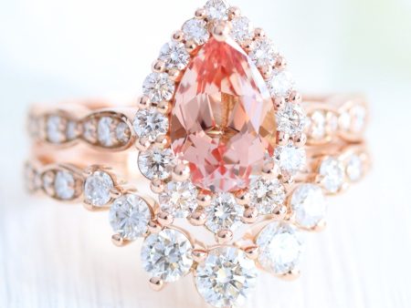 Large Tiara Halo Pear Ring Set w  Peach Sapphire and Large 7 Diamond U Band Online