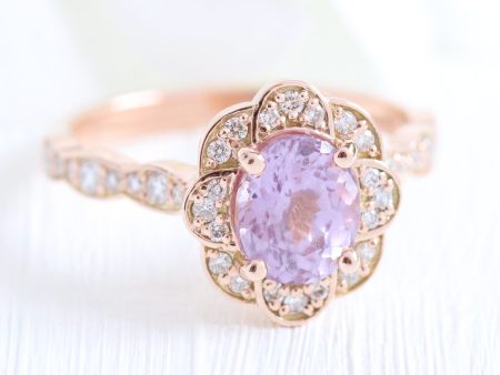 2.08 Ct Lavender Purple Sapphire Ring in 14k Rose Gold Vintage Floral Diamond, Size 6.25 on Sale