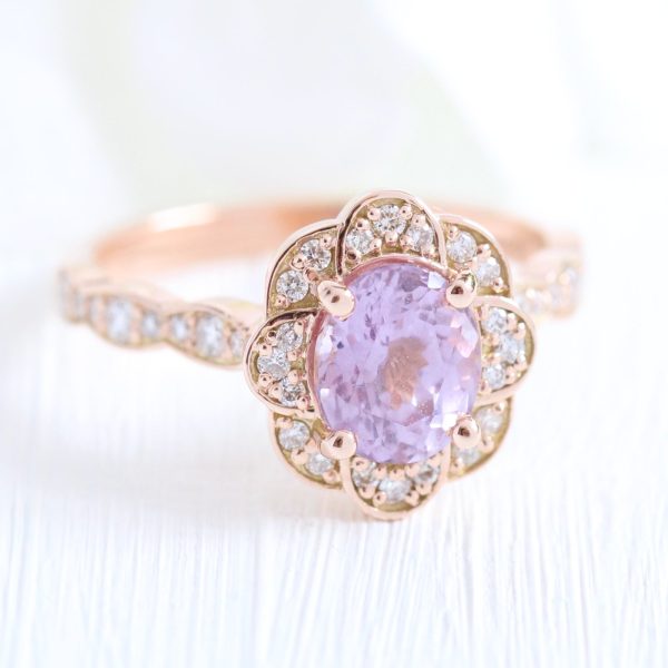 2.08 Ct Lavender Purple Sapphire Ring in 14k Rose Gold Vintage Floral Diamond, Size 6.25 on Sale