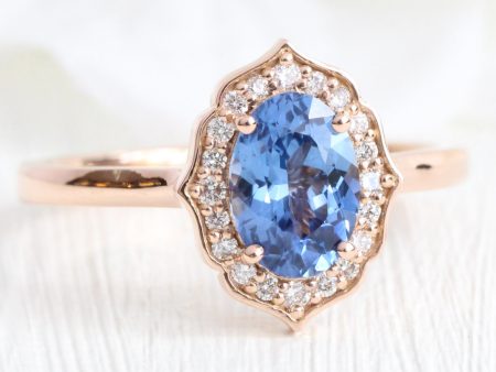 1.58 Ct Oval Ceylon Blue Sapphire Ring in 14k Rose Gold Vintage Floral Diamond, Size 6.5 Supply