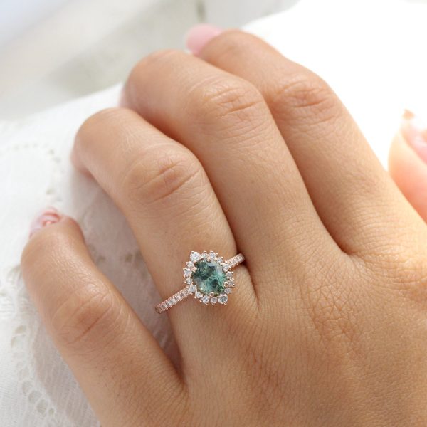 2.32 Ct Natural Green Sapphire Ring in 14k Rose Gold Tiara Halo Diamond, Size 6.5 Sale