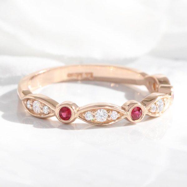 Ruby and Diamond Wedding Band in Scalloped Bezel Ring Online now