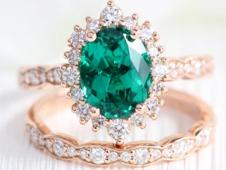 Large Tiara Halo Oval Ring Set w  Emerald and Diamond in Scalloped Band Sale