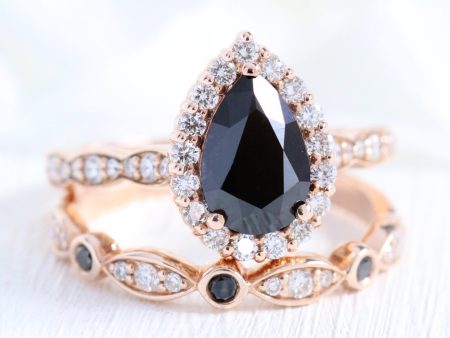 Luna Halo Black Diamond Pear Ring Set w  Black and White Diamond Wedding Band Supply