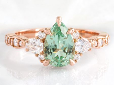 2.2 Ct. Pear Green Sapphire Ring in Dahlia 3 Stone Diamond Band For Sale