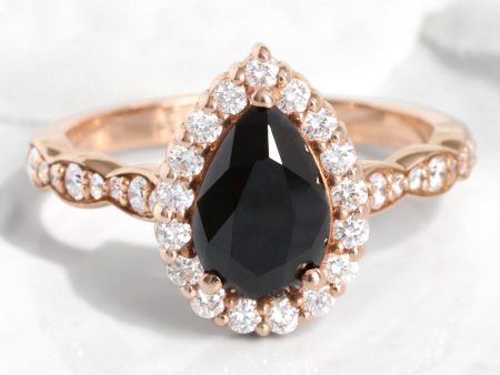 Pear Black Diamond Engagement Ring in Luna Halo Scalloped Diamond Band For Sale