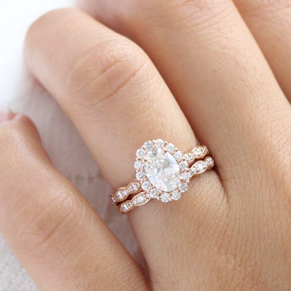 1.98 Ct Oval Diamond Halo Ring Set w  Lab Diamond and Matching Wedding Band Sale