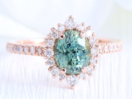 2.32 Ct Natural Green Sapphire Ring in 14k Rose Gold Tiara Halo Diamond, Size 6.5 Sale