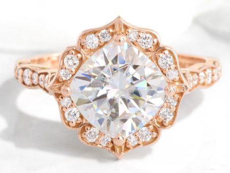 Large Cushion Moissanite Ring in 14k Rose Gold Vintage Floral Diamond, Size 6.25 Discount