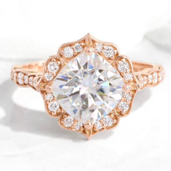 Large Cushion Moissanite Ring in 14k Rose Gold Vintage Floral Diamond, Size 6.25 Discount