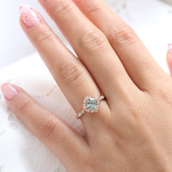 Green Sapphire Diamond Ring in 14k Rose Gold Mini Vintage Floral Size 6.5 Discount