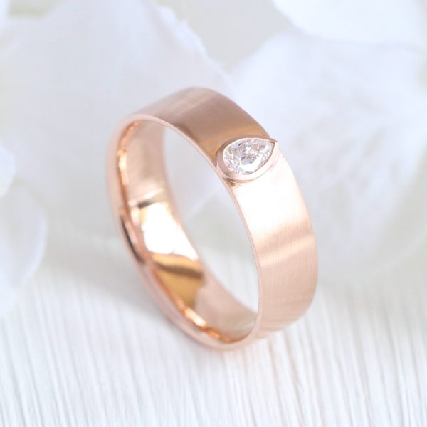 Bezel Set Pear Diamond Ring in Solid Gold Wide Wedding Band Online Sale