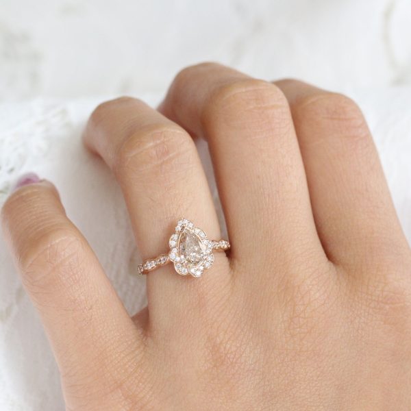 1.28 Ct Pear Champagne Diamond Ring in 14k Rose Gold Vintage Floral Ring, Size 6.75 on Sale