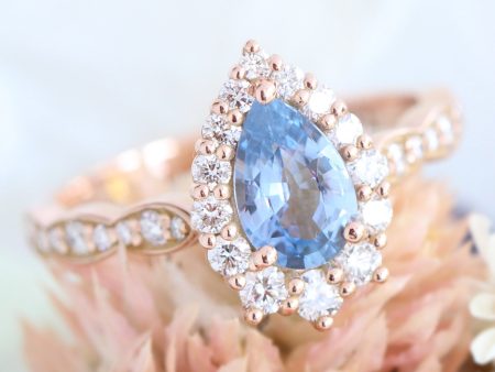 1.48 Ct Pear Aqua Blue Sapphire Ring in 14k Rose Gold Tiara Halo Diamond, Size 6.5 For Cheap