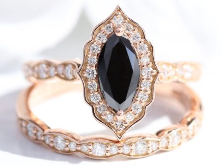 Vintage Floral Black Diamond Ring Set w  Marquise Diamond and Matching Wedding Band Online now