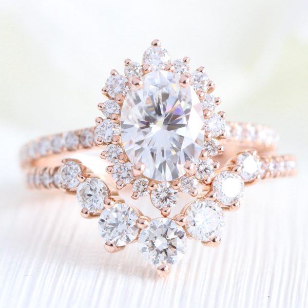 Tiara Halo Pave Ring Bridal Set w  Oval Moissanite and Large 7 Diamond U Band Discount