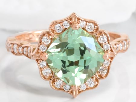 Large Cushion Green Sapphire Ring in 14k Rose Gold Vintage Halo Diamond Size 6.25 Online now