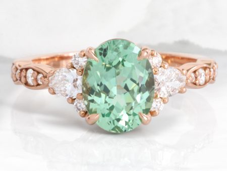 2.85 Ct. Oval Green Sapphire Ring in Dahlia 3 Stone Diamond Band For Sale