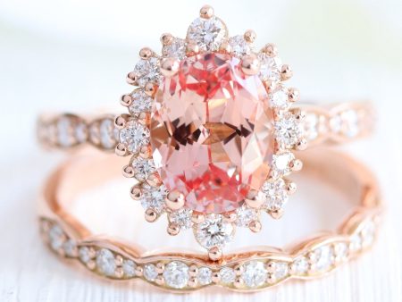 Large Tiara Halo Oval Ring Set w  Champagne Peach Sapphire and Diamond For Sale