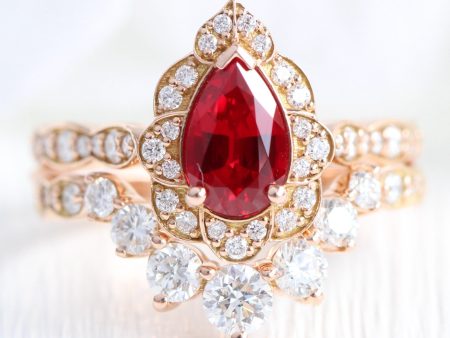 Vintage Floral Pear Ruby Ring Set w  Large 7 Diamond U Shaped Scalloped Band Hot on Sale