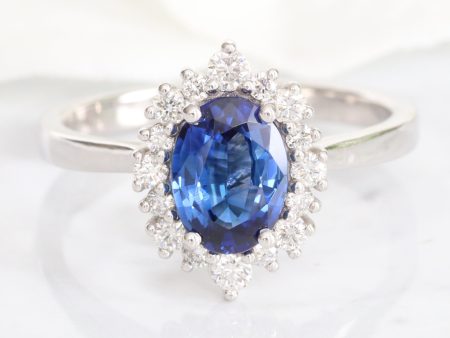 1.58 Ct Oval Blue Sapphire Ring in 14k White Gold Tiara Halo Diamond Ring Size 6.25 Online