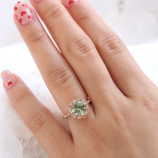 Large Cushion Green Sapphire Ring in 14k Rose Gold Vintage Halo Diamond Size 6.25 Online now