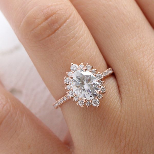 Large Oval Moissanite Ring in Tiara Halo Diamond Pave Band Discount