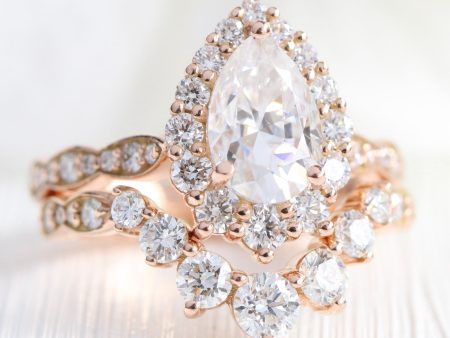 Large Tiara Halo Pear Ring Set w  Moissanite and Large 7 Diamond Scalloped Band Hot on Sale